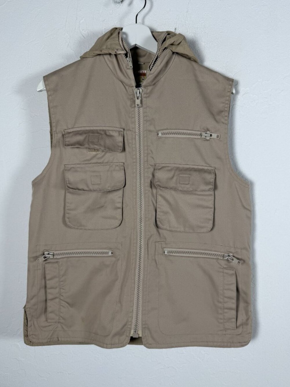 Banana Republic Men Vintage Safari Vest Hooded Utility Multi Pocket Gilet Tan XS